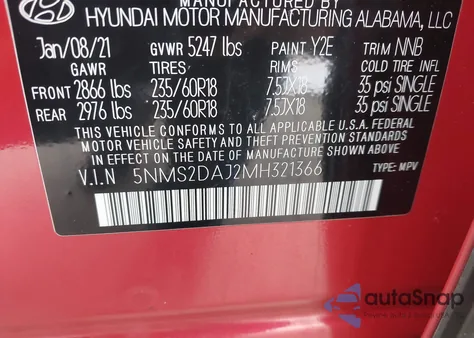 2021 Hyundai Santa Fe Sel from USA, damaged, VIN 5NMS2DAJ2MH321366